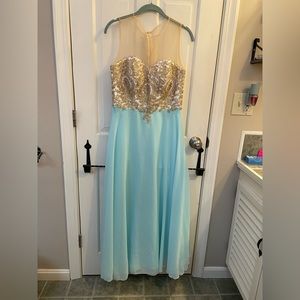 Light blue with gold embellishments on top prom dress. Size 6/ medium